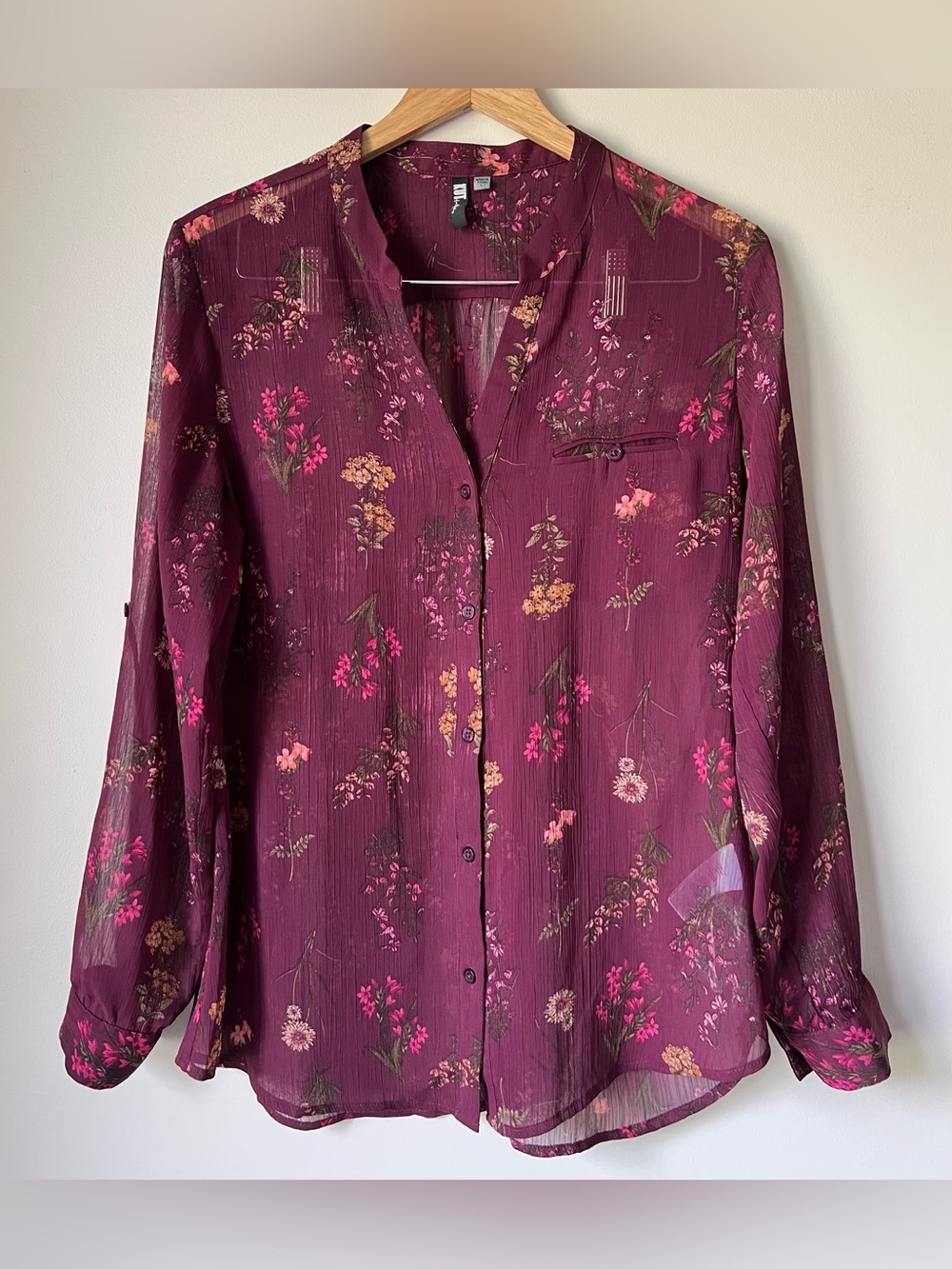 Kut From The Kloth Blouse Sheer Floral Burgundy Boho Long Sleeve Romantic Size L